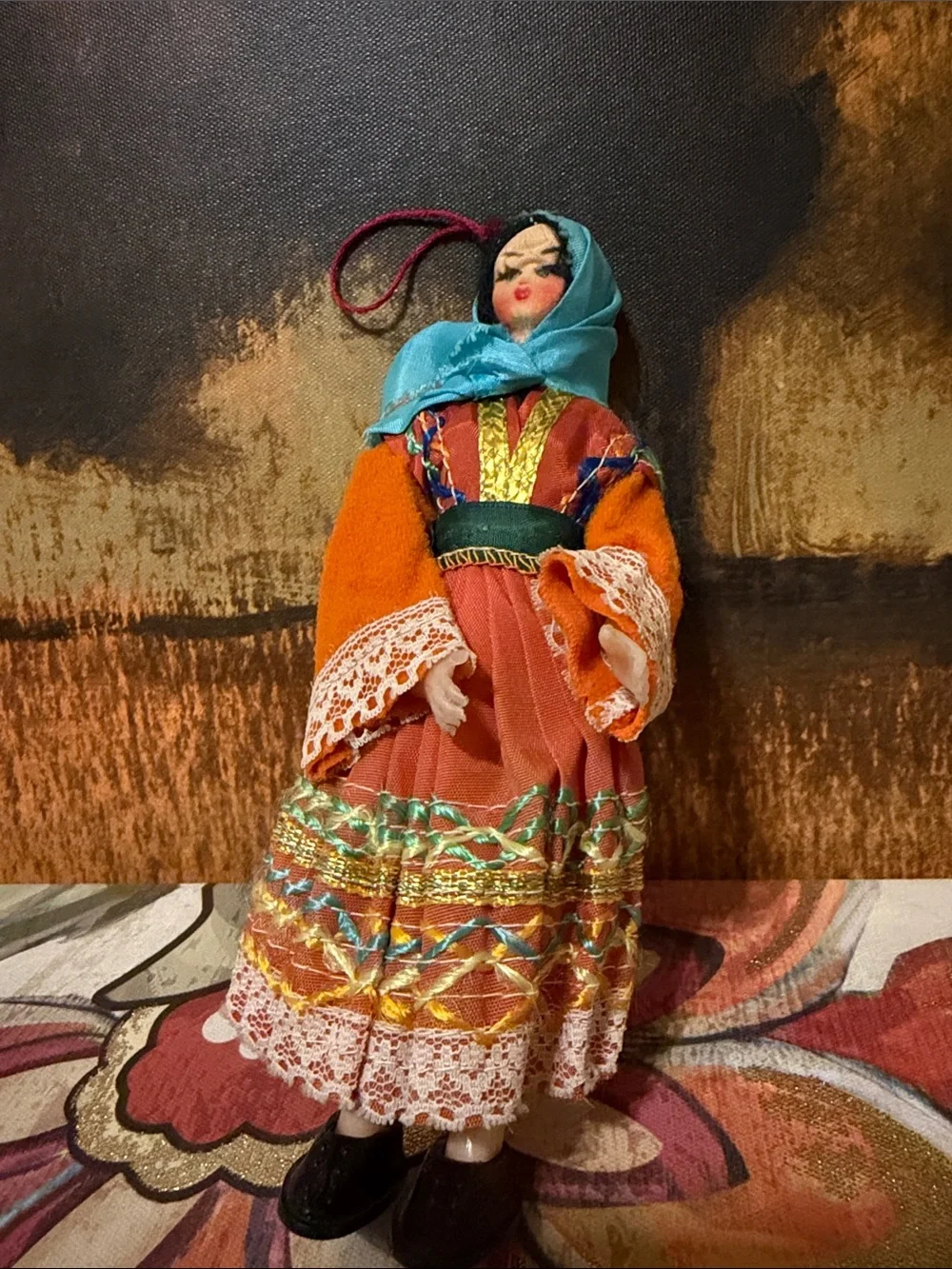 Handmade Orange Doll Ornament with Turquoise Scarf - Unbranded